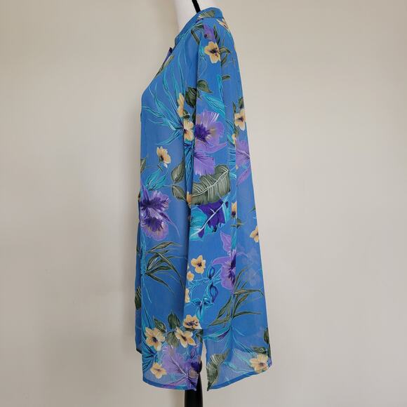 Susan Graver Style Size XL Button Front Sheer Tropical Crinkle Chiffon Tunic Top - Picture 5 of 15